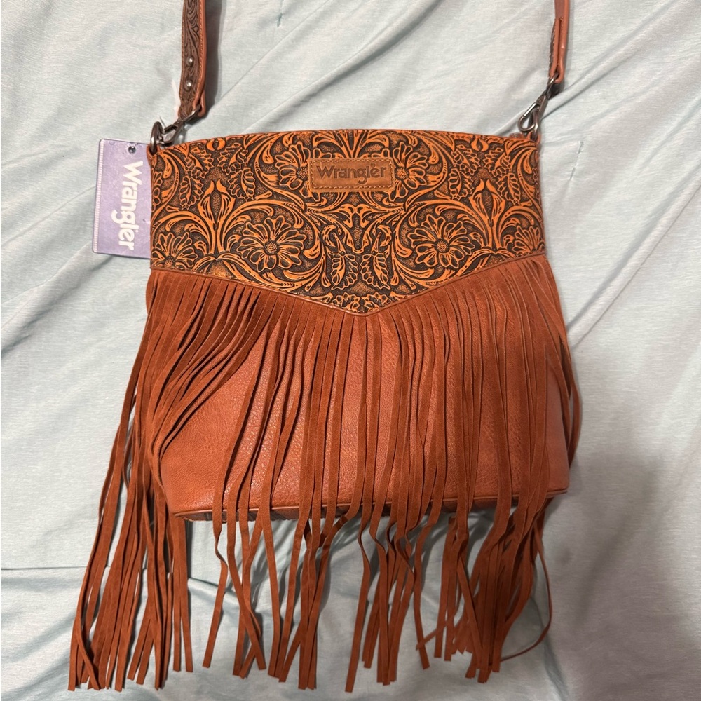 Wrangler Purse Handbag FRINGE Vintage Floral Embossed Western Lg Bag PU Leather